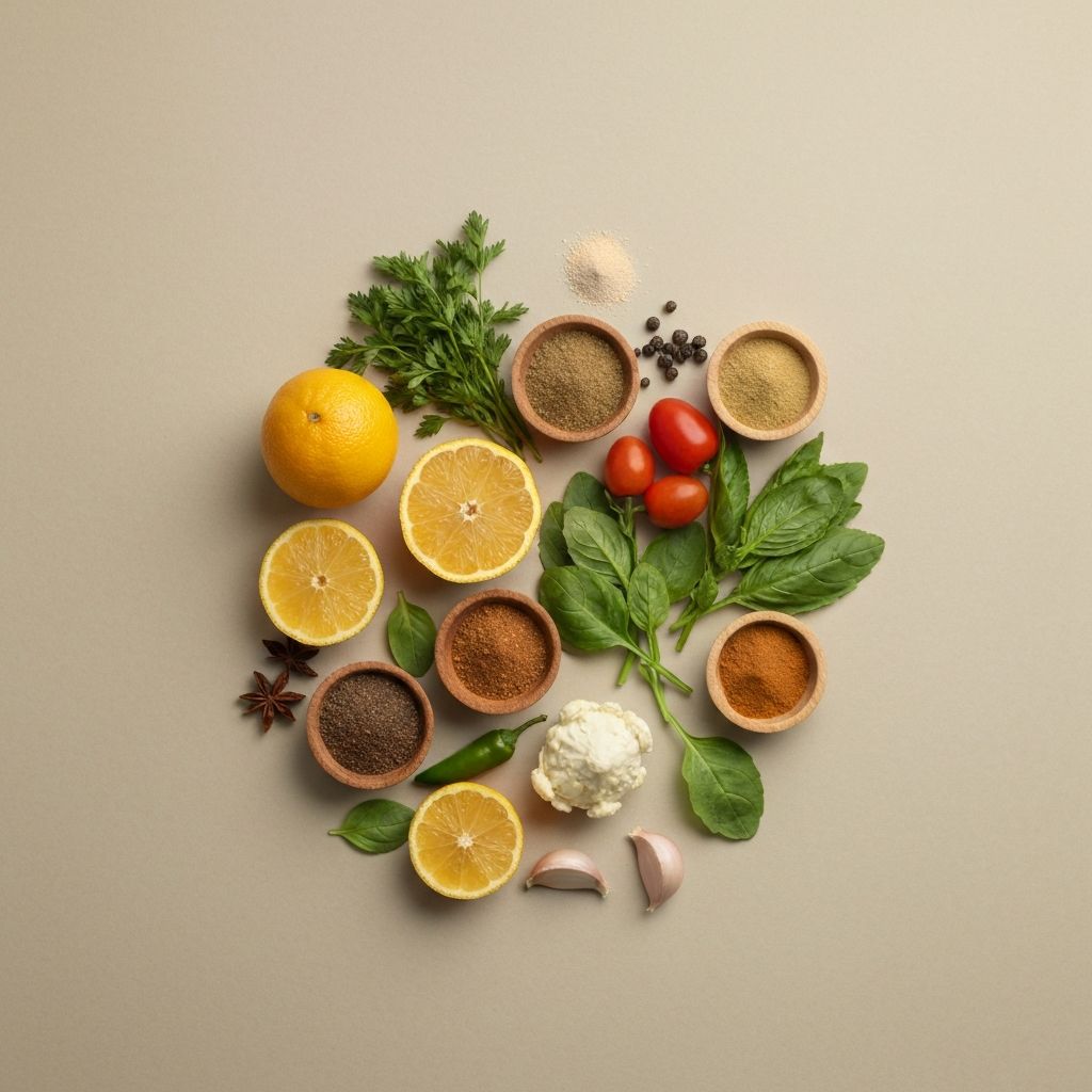 Verschiedene Zutaten die unterschiedliche Geschmacksrichtungen zeigen